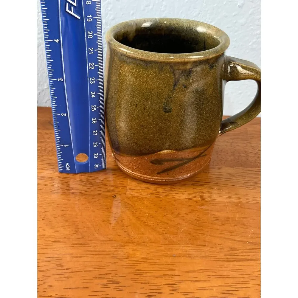 VTG Art Pottery Stoneware Coffee Mug Olive Brown Glaze Handmade Southwestern